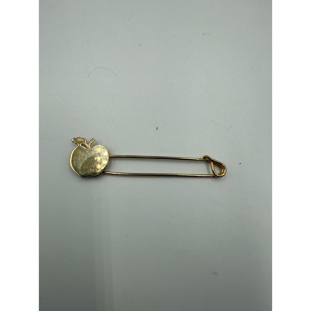 Vintage Gold Tone Apple Safety Pin Brooch Kilt Pin Teacher Gift Novelty Jewelry